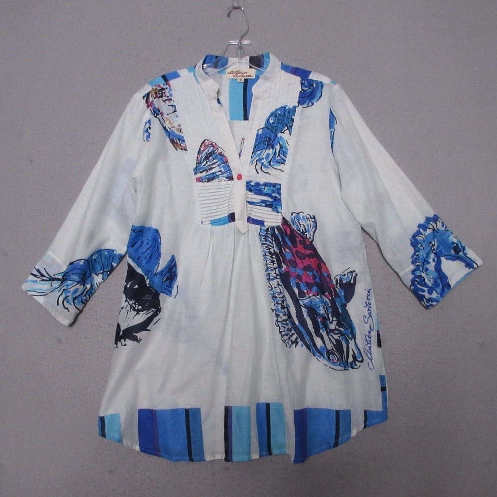 Antica Sartoria Top Tunic 2 Fish Seahorse Print Boho Chic Lagenlook Art To Wear